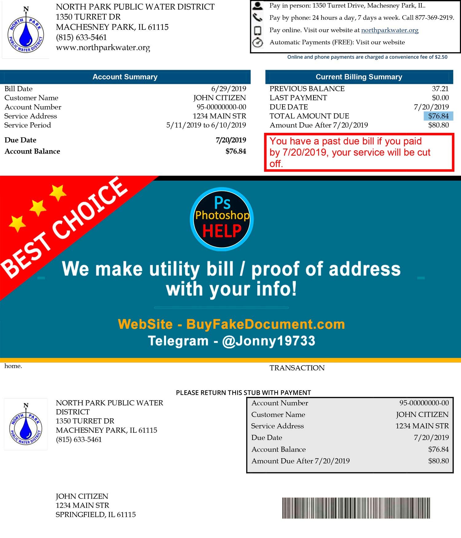 Illinois North Park Public Water District IL utility bill Fake Utility bill
